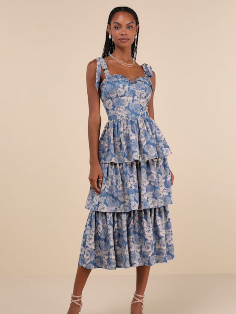 Lulus Lovely Bliss Blue Floral Jacquard Strapless Bustier Midi Dress - Size L